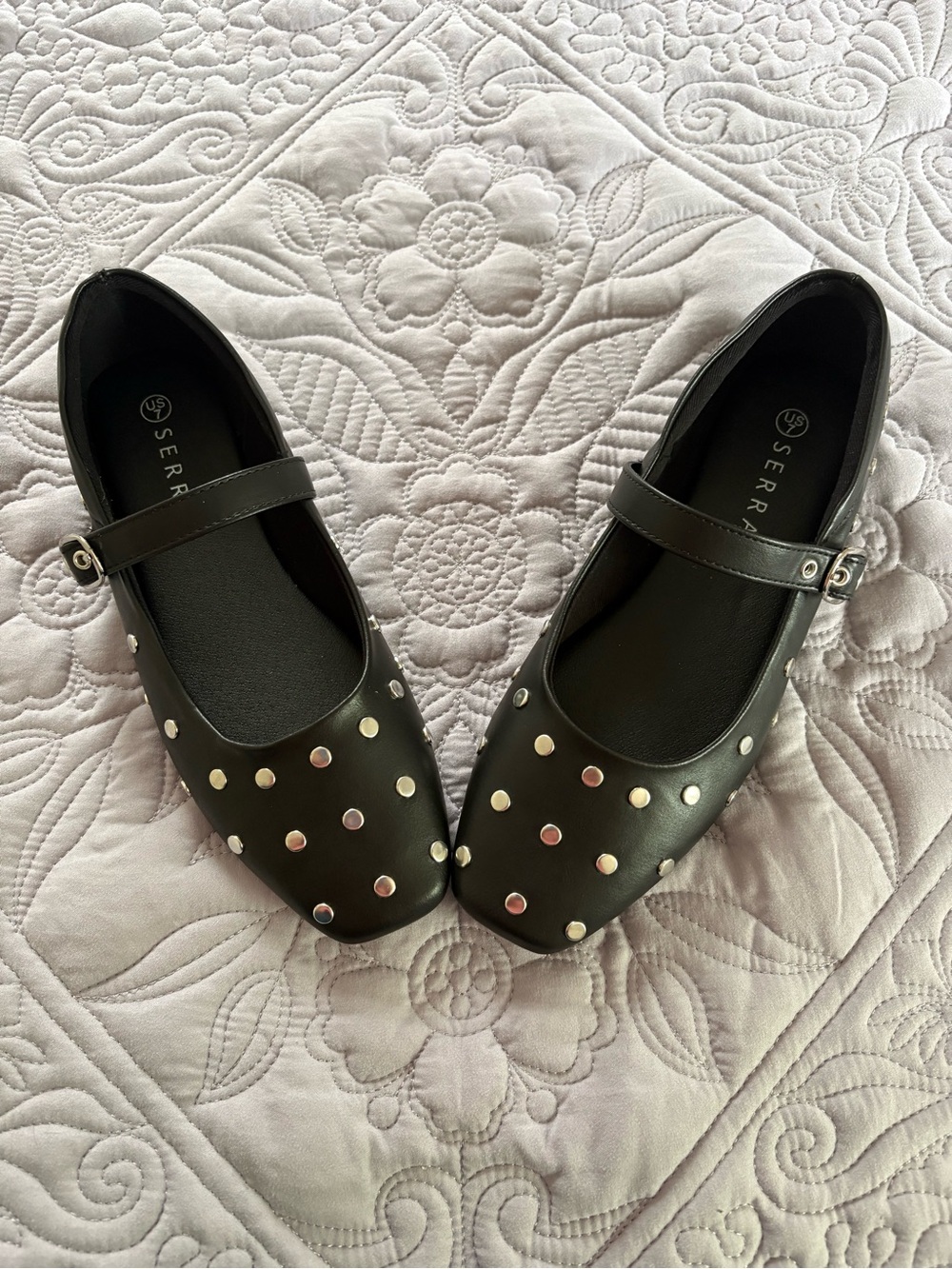 Serra Black Mary Jane Flats with Iridescent Stud Accents